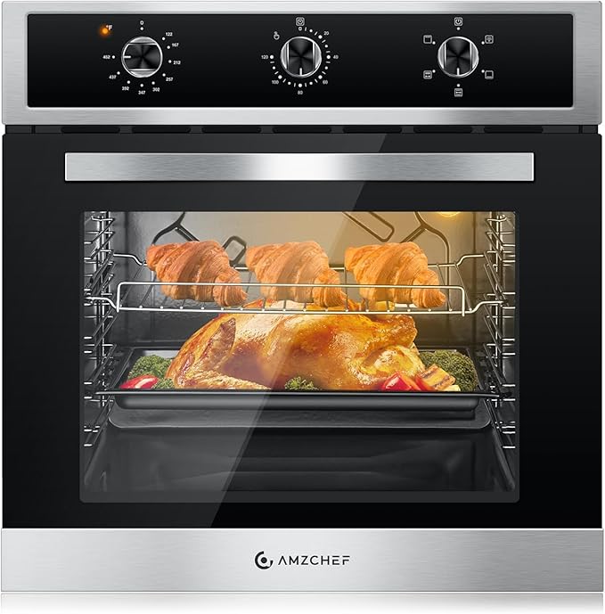 AMZCHEF 24" Single Wall Oven, 2.65 Cu.ft. Built-in Electric Wall Oven with 5 Cooking Functions, 360° ROTATING ROTISSERIE, 2200W, Mechanical Knobs Control, Timer, Stainless Steel Wall Oven for Kitchen