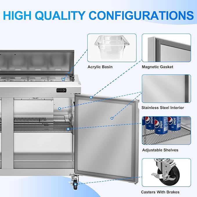 48" W Commercial Sandwich Prep Table Refrigerator, 13.8 Cu.ft Commercial Salad Bar with 12 Pans, Stainless Steel Refrigerated Sandwich Prep Table 2 Solid Door for Restaurant, Bar, Shop, etc.