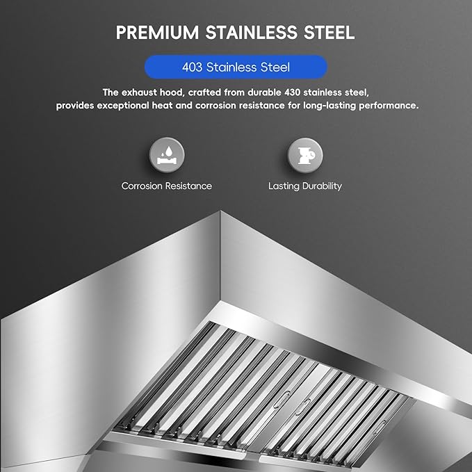 5FT Commercial Kitchen Exhaust Hood, Wall Mount Stainless Steel Vent Hood with Detachable u-Shaped Grease Filters, Rust-Resistant Restaurant Range Hood for Food Truck Cooking Station Concession Traile