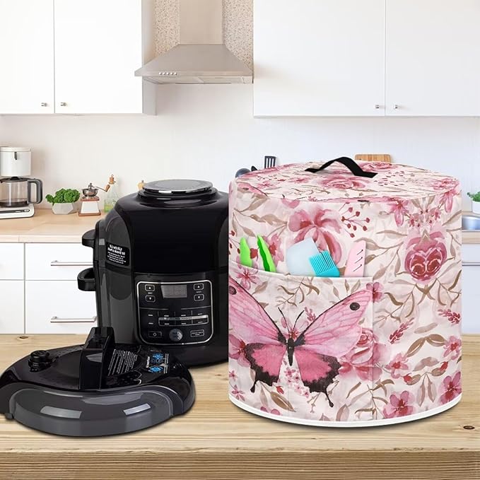 Flashideas Pink Butterfly Dust Cover with Pocket for Instant Pot, Rice Cooker and Air Fryer, Round Pressure Cover Dust-Proof Stain Resistant Electric Appliance Cover Easy to Clean
