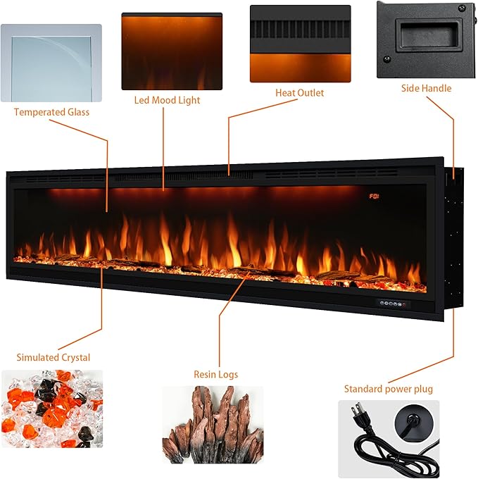 60 inch Smart Linear Electric Fireplace, Recessed and Wall Mounted Fireplace Inserts with Remote Control, Adjustable Flame Color, Lights, Temperature, Overheating Protection& Timer, 750W/1500W, Black