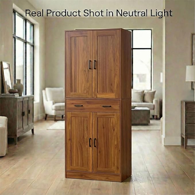 71" Tall Kitchen Pantry Cabinet, Freestanding Storage Cabinet with Drawer and 4 Doors, Large Brown Utility Floor Cupboard with Adjustable Shelves for Dining Room, Bathroom, Home Office
