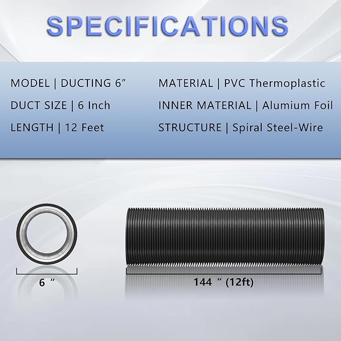 6 Inch Flexible Ducting Hose 12 Feet Black Aluminum Ducting -4 Layer Protection Dryer Vent Hose for HVAC Heating Cooling Ventilation and Exhaust, 2 Clamps Included