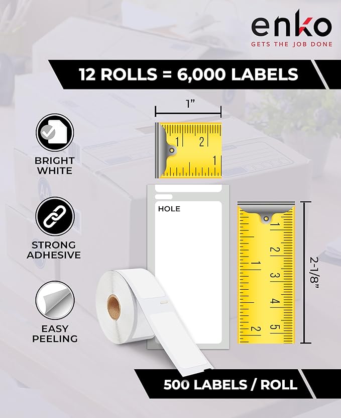 enKo Compatible for Dymo 30336 Labels (1 x 2-1/8 inches) - 12 Rolls, 6000 Labels for Dymo LabelWriter 450 Turbo Printer and 4XL - Direct Thermal Address, Shipping and Barcode Label