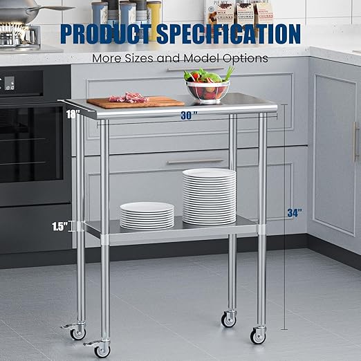 Stainless Steel Table with Wheels 18 x 30 Inches Metal Prep Table with Adjustable Undershelf & Casters for Commercial Kitchen, Outdoor, Restaurant, Hotel & Garage