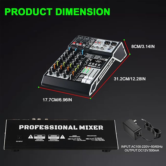 Audio Mixer 4 Channel Professional Sound Mixer Console with 99 DSP Effects, Small Mixing Board DJ Mixer w/USB, Bluetooth, 48V Power Supply, PAD Button for Recording Karaoke PA Drum Live Music