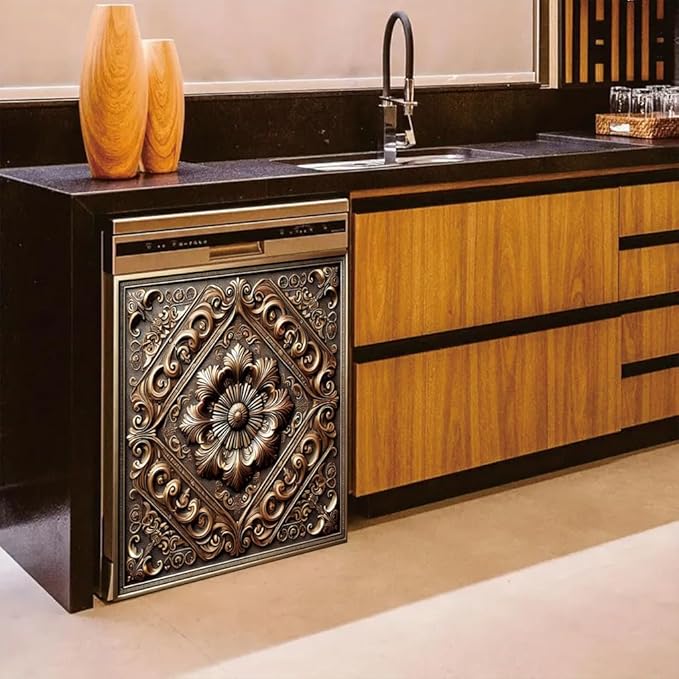 2D Flat Vintage Bronze Floral Embossed Dishwasher Magnetic Cover 23x26 Inch OrnateMetal Carved Pattern Appliance Magnet for Kitchen Decor