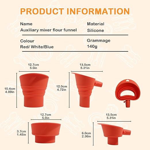Silicone Foldable Flour Funnel for Kitchen Aid Mixer,Easy Pour No-Mess Attachment,Anti-Splash Accessory,Fits Tilt-Head 4.5–7 Qt (KSM152),Durable Dishwasher-Safe Baking Tool(Red)