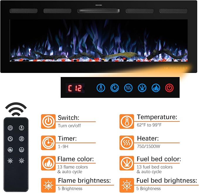 33" WiFi Electric Fireplace Inserts, Recessed and Wall Mounted Fireplace Heater W/Adjustable Flame Color & Brightness, Thermostat, 9H Timer, App and Remote Control, 750/1500W