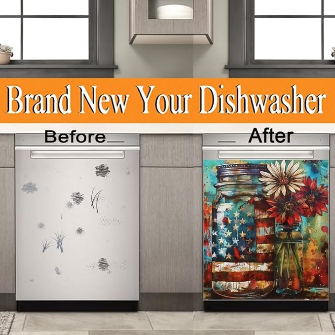 Farm Sunflower American Independence Memorial Day Dishwasher Magnet Cover,23" x 17" Dishwasher Cover,Magnetic Decal Vinyl Sticker Kitchen Decor Refrigerator Magnets Self Adhesive Wrap