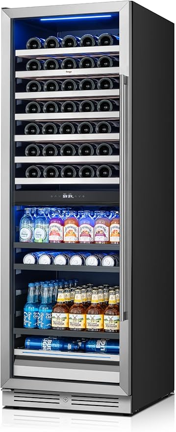 Yeego 24 Inch Wine Fridge - 77 Bottles and 182 Cans Dual Zone Wine Cooler with Glass Door, 34-65℉ Built-In or Freestanding Refrigerator with Lock and 2 Color LED for Kitchen Bar Office (Left-Hinged)