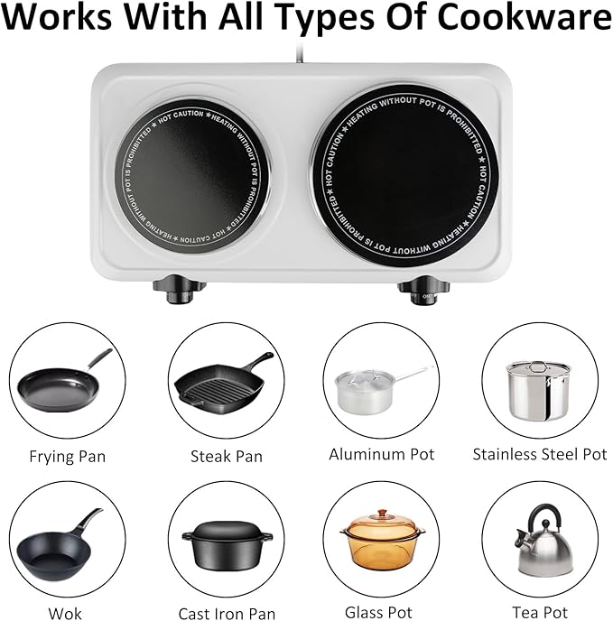 1800W Infrared Double Burner, Portable Hot Plate for Cooking, Countertop Burner with 7.5” & 6.3” Glass Plate Electric Cooktop with Stepless Temperature Adjustments for Home RV Camping