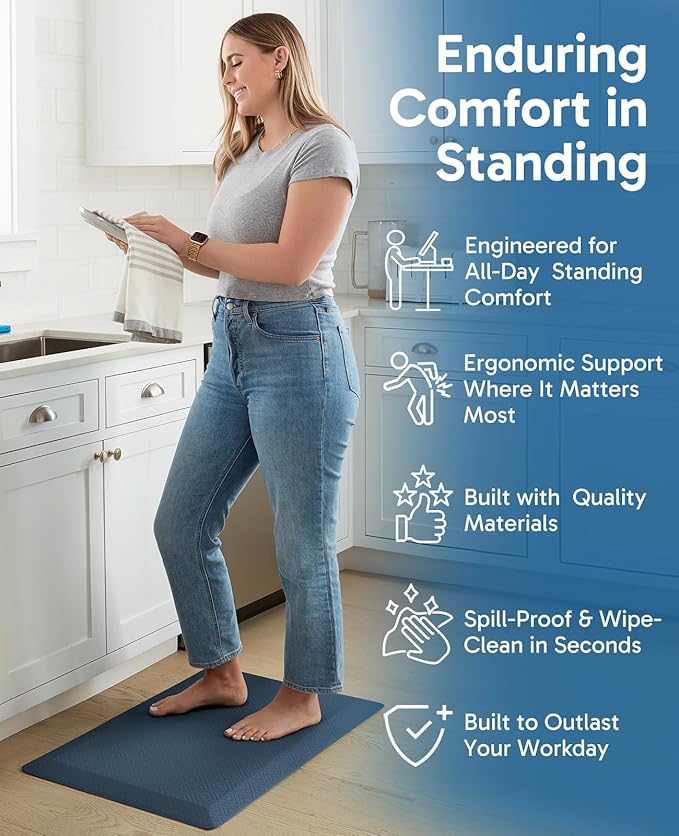 Ophanie Kitchen Mats for Floor, 3/4 inch Thick, 17x28 Anti Fatigue Cushioned Mat, Kitchen Rugs, Waterproof, Comfort Ergonomic Standing Mat for Office, Home, Sink, Blue Non-Slip Ridged Bottom