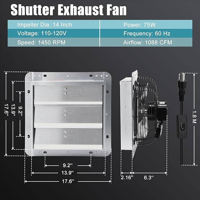 Criditpid 14 Inch Shutter Exhaust Fan, Wall Mounted Vent Fan for Garage, Attic, Greenhouse, Shop, Chicken Coop, 1088 CFM 1450 RPM High-Speed Louvered Exhaust Fan with ON/OFF Switch 1.8M Power Cord Kit