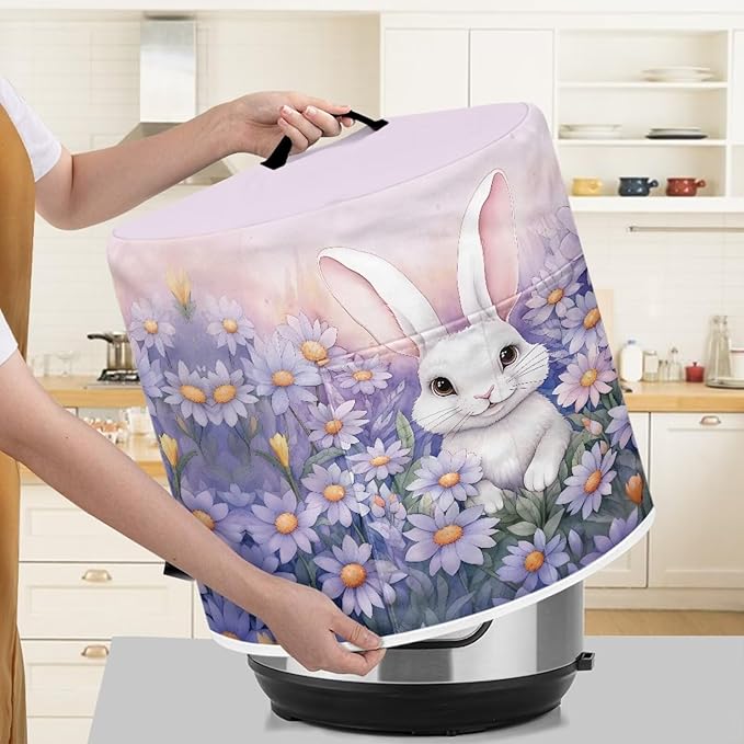 Pressure Cooker Cover for 3 Quart Air Fryer, Stain Resistant Washable Round Protective Electric Appliance Cover Kitchen Easter Decoration, Bunny Purple Flower
