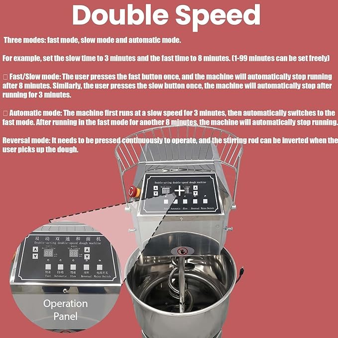 50QT Commercial Stand Dough Mixer Double Action Fast and Slow Speed Spiral Electric Flour Mixing Machine for Professional Bread Making Kneading Machine with Speed Time Control 50L 2200W