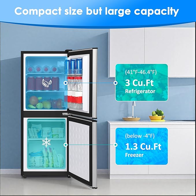 4.3 Cu. Ft. Compact Fridge with Freezer, Double Door Small Refrigerator with Adjustable 7-Level Thermostat, Mini Refrigerator for Kitchen, College, Apartment, Office, Silver