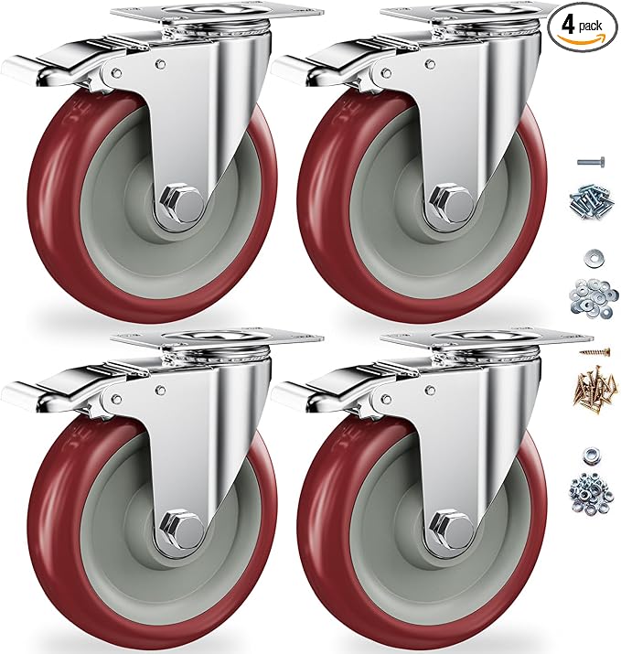 5 Inch Heavy Duty Casters with Brake - Set of 4, 1400lbs Capacity, Double Ball Bearing Non-Marking Caster Wheels, Plate Mount for Furniture, Cart, Workbench, Tool Cabinet, Garage Storage (4 Pack)