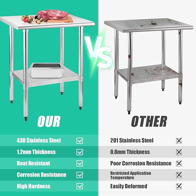 STABLEINK NSF Stainless Steel Table 30 x 60 Inches 5ft Metal Prep & Work Tables with Adjustable Undershelf, for Commercial Kitchen, Restaurant, Hotel, Laundry Room and Garage