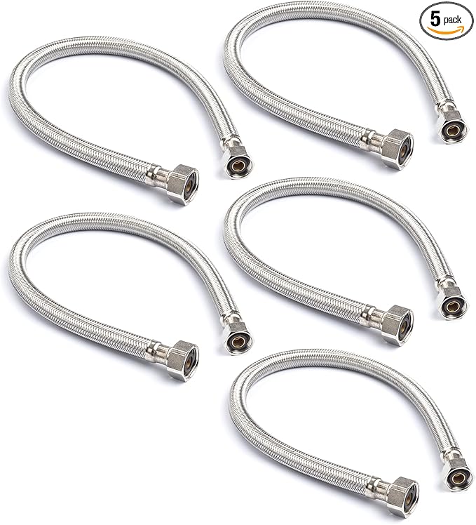 Stainless Steel Braided Water Connectors with Reinforced PVC Inner Hose for Faucets, 3/8" Compression x 1/2" FIP, 20" Length (5Pack)