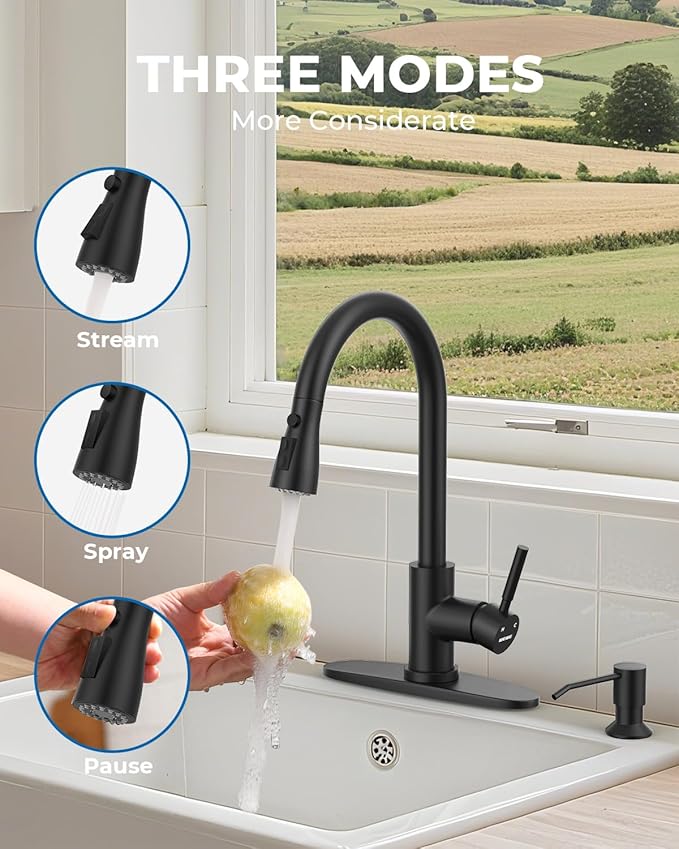 WEWE Kitchen Faucet with Soap Dispenser and Pull Down Sprayer, RV Single Handle Classic 3 Modes Stainless Steel Faucet for Kitchen Sink, RV, Matte Black