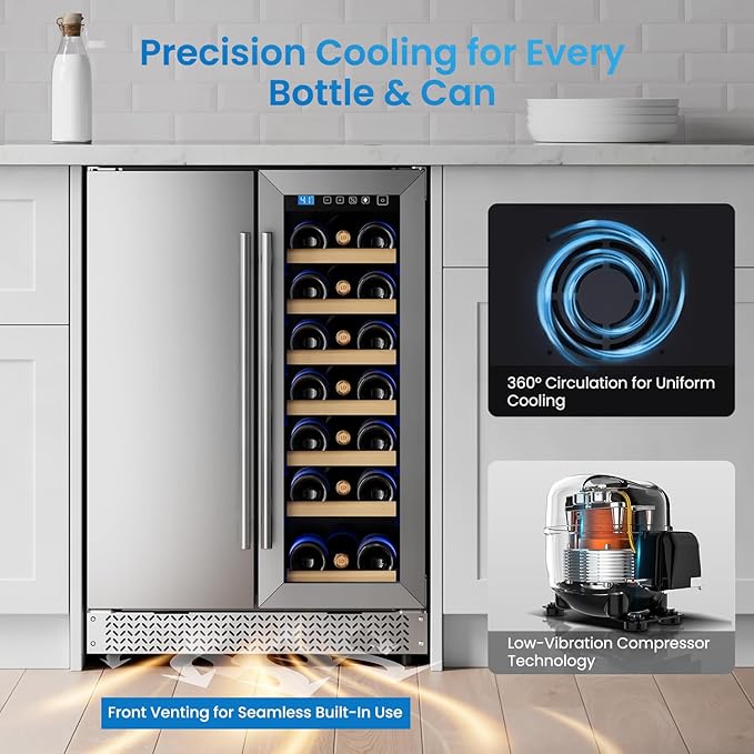 Wine and Beverage Refrigerator, 24’’ Daul Zone Wine Fridge, Freestanding Under Counter Refrigerator, Stainless Steel Beverage Cooler with Adjustable Shelves, Holds 21 Bottles and 88 Cans