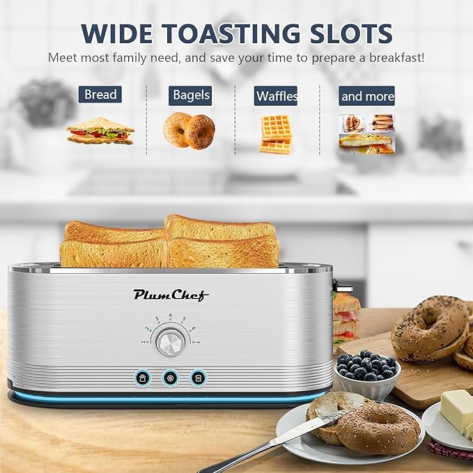 4-Slice Toaster, Extra Wide Long Slot Toaster, 7 Browning Settings, Defrost/Reheat Functions, Removable Crumb Tray, Stainless Steel Housing, Anti-Fingerprint & Anti-Jam (Stainless Steel)