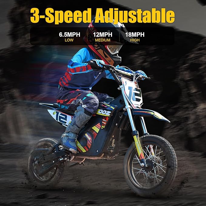 KOOZ HP112E 36V 1000W Electric Dirt Bike for Kids, 3 Speed Modes Teen Electric Motorcycle Up to 18 MPH & 15 Miles Long-Range, Dual Suspension & Disc Brake, 16" Sturdy Tire for Kids Teenagers