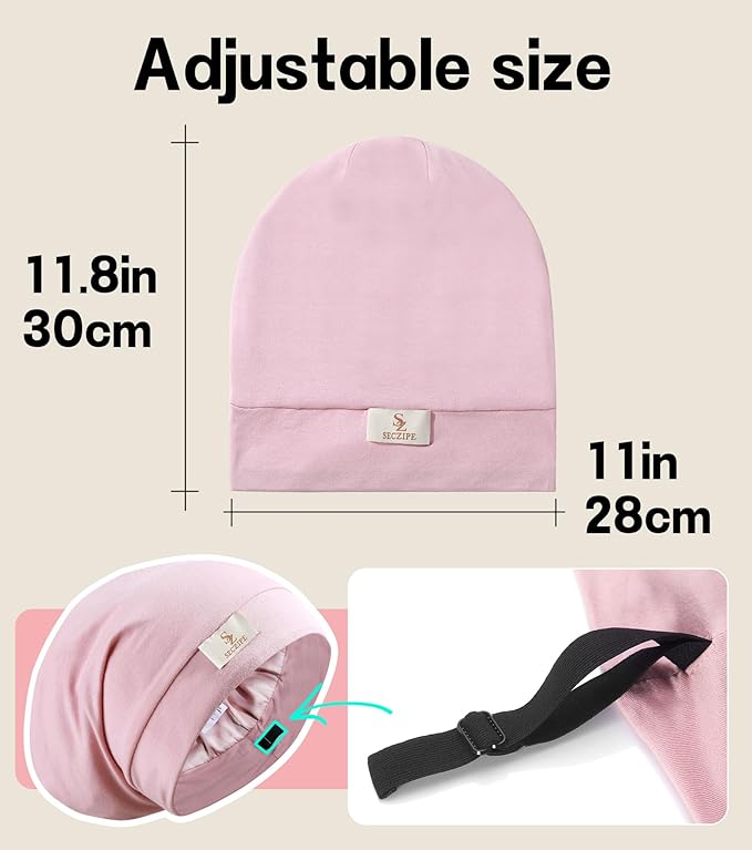 100% Mulberry Silk Bonnet for Sleeping for Curly Hair and Braids, Wrap with Adjustable Strap for Women and Men, Silk, Not Satin（1Pc,Pink