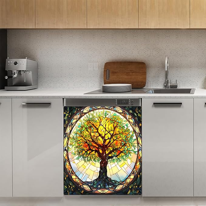Tree of Life Spring Dishwasher Magnet Cover Rainbow Tree of Life Glass Dishwasher Decorative Cover Front Dishwasher Door Cover Reuseable Dishwasher Cover for Kitchen Home Appliances 23" X 26"