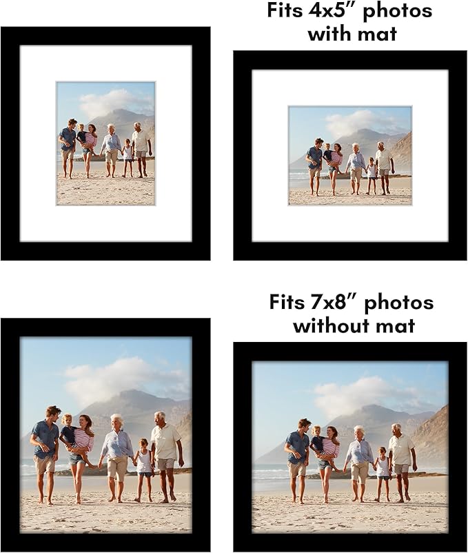 Americanflat 7x8 Picture Frame with Polished Plexiglass - Set of 5 - Use as 4x5 Frame with Mat or Display 7x8 Photo Without Mat - Galleria Collection - Picture Frames for Tabletop and Wall - Black