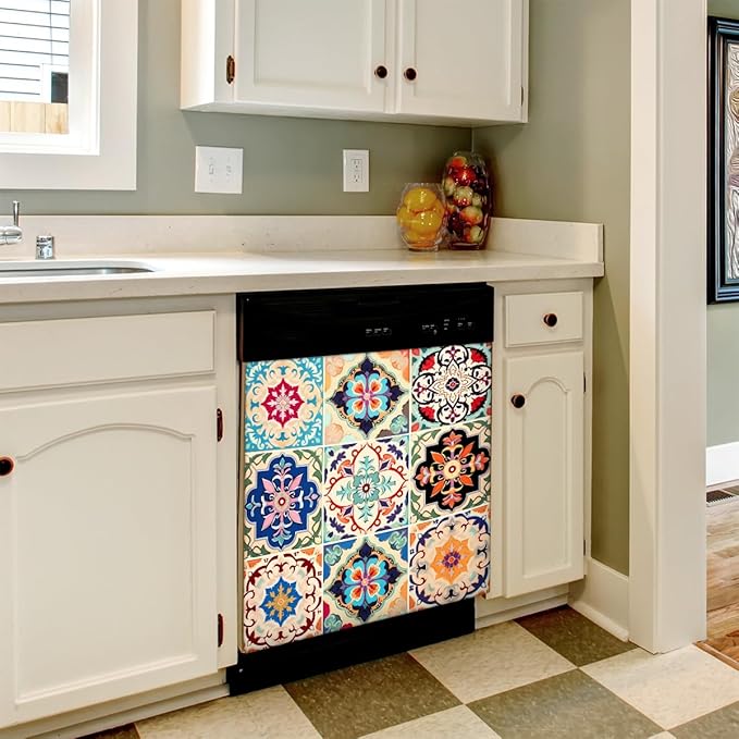 Dishwasher Magnet Cover Colorful Boho Ceramic Tile Reusable Dishwasher Magnetic Cover Sticker Decorative Dish Washer Door Cover Panel for Home Kitcen Appliance