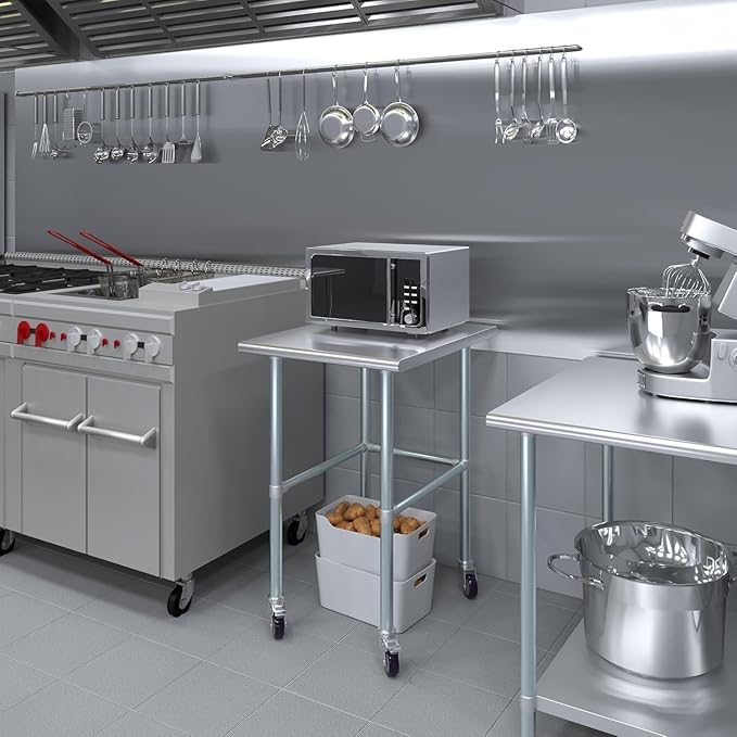 Stainless Steel Work Table Open Base & Wheels | Work Station | Metal Work Bench (Stainless Steel Work Table Open Base + Casters) (24" Long x 30" Deep)