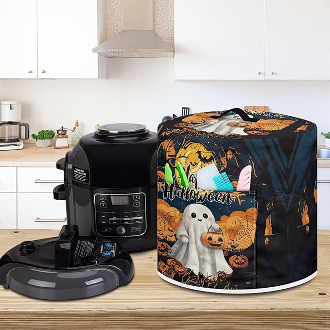 Dust Cover for Kitchen Appliance for 3 Quart Pressure Cooker Air Fryer Rice Cooker Dust Cover with Top Handle and Pocket Happy Halloween Ghost Print