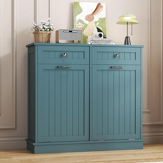 Tilt Out Trash Cabinet with Double Hidden Trash Can Holder, Kitchen Free Standing Recycling Cabinet,Dog Proof Trash Can,Wood, Teal