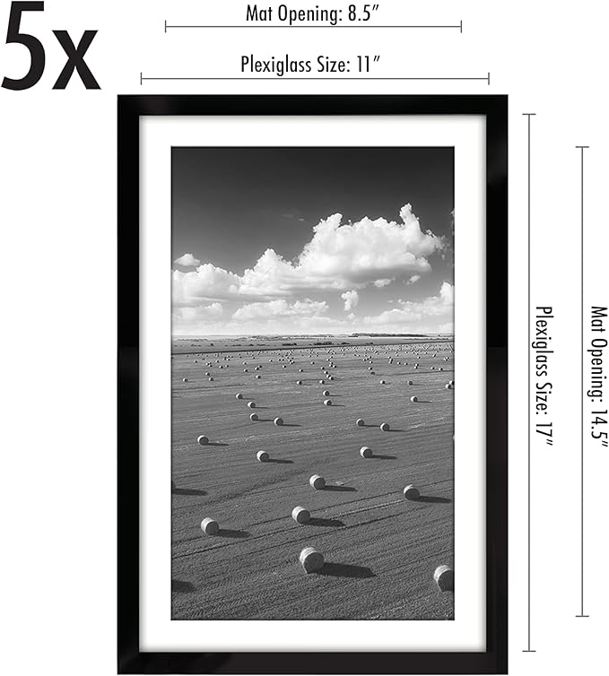 Americanflat 11x17 Picture Frame with Polished Plexiglass - Set of 5 - Use as 9x15 Frame with Mat or Display 11x17 Photo Without Mat - Galleria Collection - Picture Frames for Wall Display - Black