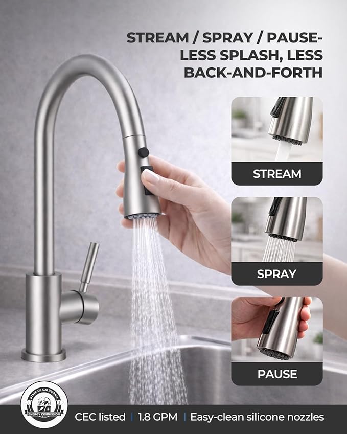 WEWE Kitchen Faucets with Pull Down Sprayer, Leak-Proof Stainless Steel Lead-Free Single Handle 1 Hole for Family Kitchen Commercial Camper Laundry Rv Bar, Brushed Nickel Bar Sink Faucet