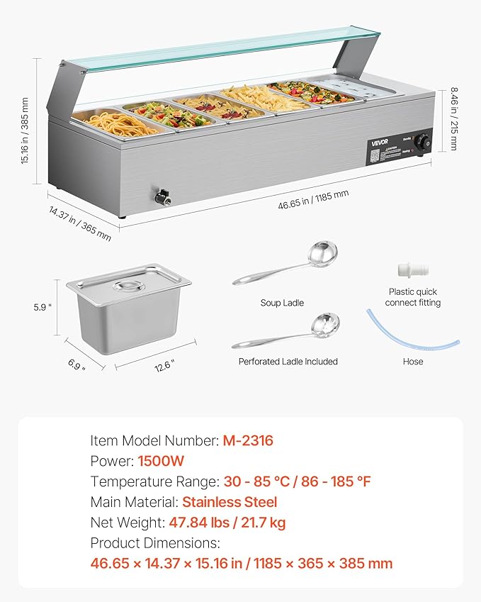 VEVOR Commercial Food Warmer, 1500W Electric Stainless Steel Steam Food Warmer with Glass Cover, 6 x 1/3 Size Pans Buffet Bain Marie with Soup & Perforated Ladles, for Catering, Restaurant & Party