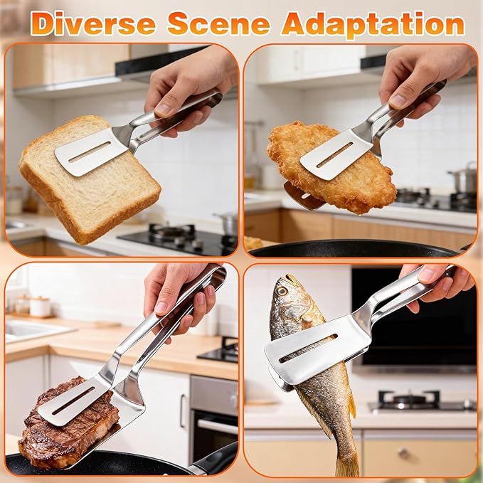 2PCS Stainless Steel Grill Clamp, Anti-Scald Extended Handle Spatula Tong, Steel Double-Sided Shovel Clip For Grilling Meat, Fish And Pancakes (A)