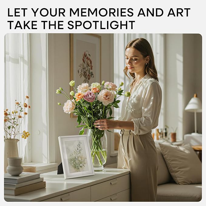 Homeforia 9x11 White Frame, High End Metal 9 x 11 Picture Frames with Mat 6 by 8 inch Photo, 9by11 Thin Poster Frame Matted to 6x8 Print, 11x9 Wall or Tabletop Frame, Tempered Glass, Wall Kit, Set of 2
