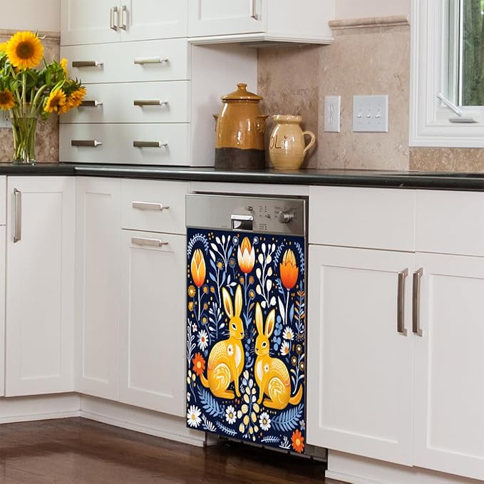 Easter Bunny Beautiful Flowers Dishwasher Magnet Cover, Reusable Refrigerator Panel Stickers Microwave Front Door Covers Magnets for Kitchen Home Appliances Holiday Party Decorations 23 X 26 in