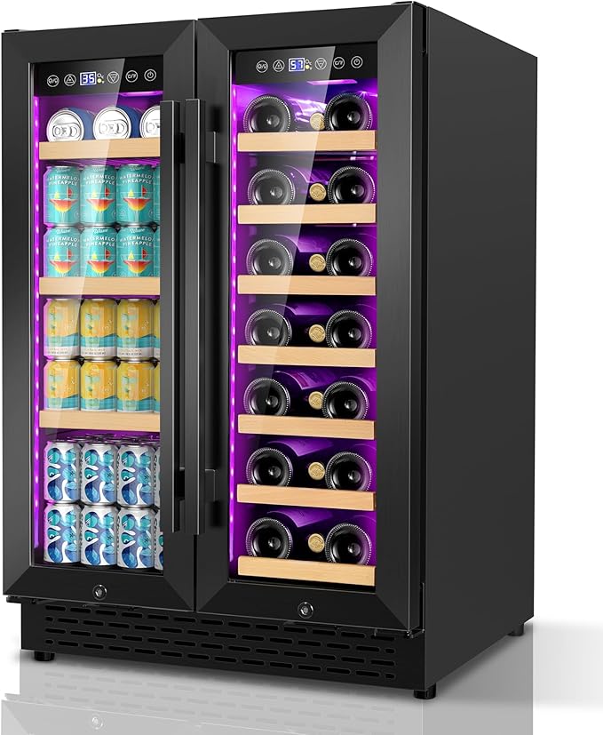 24'' Wine and Beverage Refrigerator, 4.5 Cu. Ft. Dual Zone Wine Fridge with RGB Lights French Door Intelligent Control Advanced Compressor Under Counter Cooler for Outdoor Kitchen Bar Gift Black