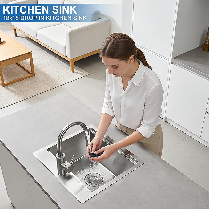 Scamall 18x18x10 Drop In Kitchen Sink Workstation, Brushed Silver 304 Stainless Steel Deep Single Bowl with Quick Drainage & Tarnish-Free Surface for Bar, Laundry, RV, Includes Accessories