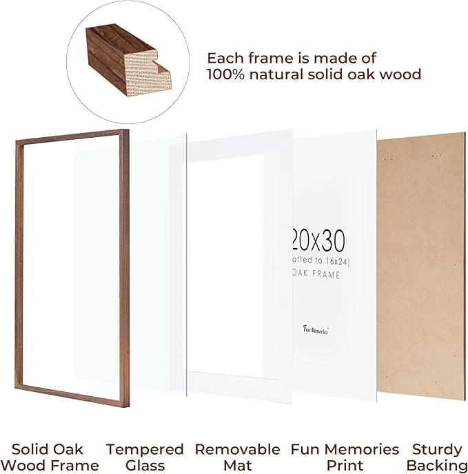 Fun Memories 20x30 Picture Frame 2 Packs, Solid Oak Wood Frames 20 x 30 for Home Decor, Large 20"x30" Poster Frame with Tempered Glass, 20x30 Frames Matted to 16x24, Walnut Color