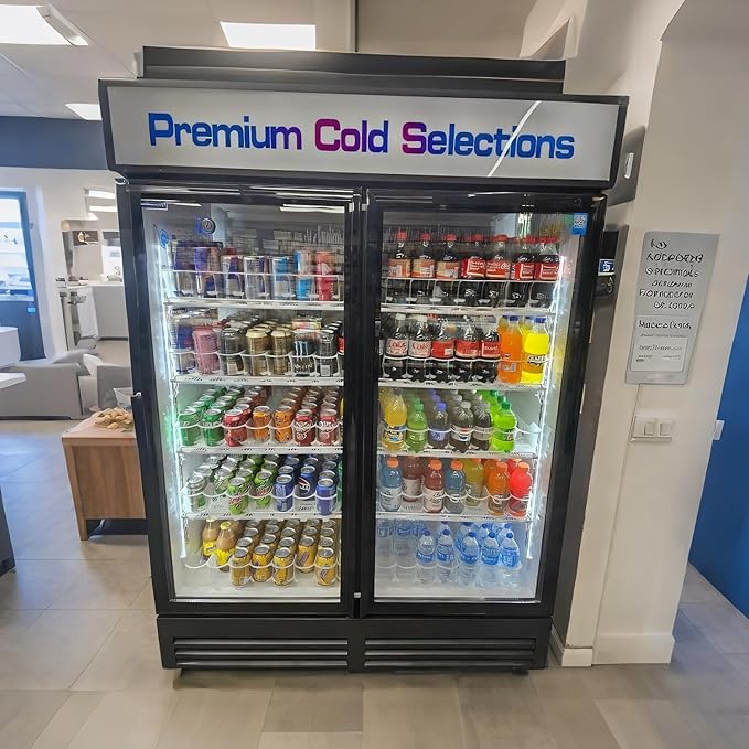 Commercial Beverage Refrigerator Display Fridge,Two Glass Door Upright Merchandiser Drink Cooler with LED Light Adjustable Shelves,46 Cu Ft,ETL Sanitation,(Wheels Included)