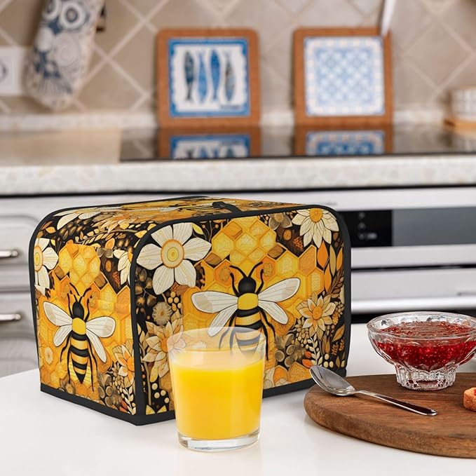 Toaster Cover 2 Slice with Pockets, Flowers And Honey Bee Vintage Yellow Print Kitchen Accessories Decor Bread Maker Oven Protector Covers Dust Proof Fingerprint Covers