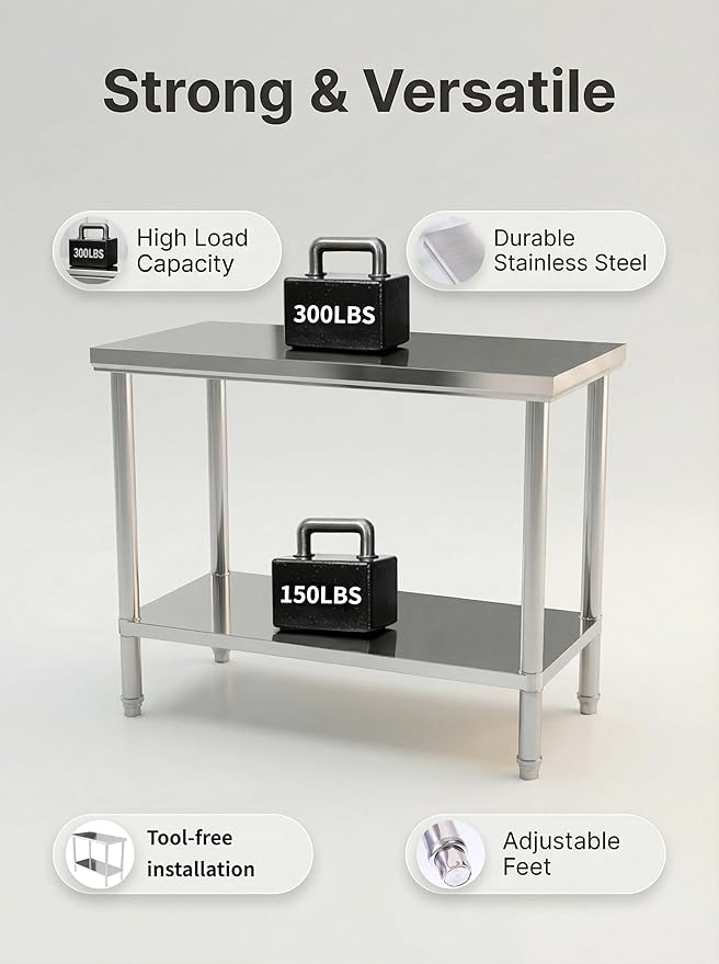Stainless Steel Table Dining Table countertop is a Sturdy and Durable Double-Layer Operation Table for Restaurants and Kitchens, Outdoor use