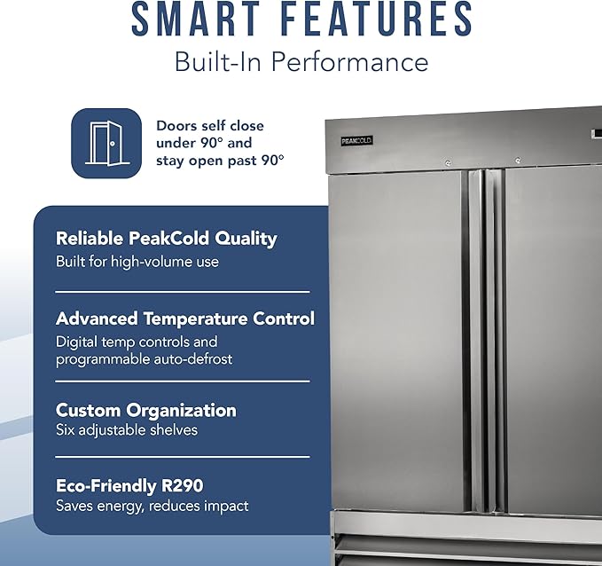 PEAKCOLD Double Door Commercial Refrigerator - 47 Cubic Ft, 54" Wide Stainless Steel Reach-In Commercial Refrigerator with White Internal Lighting - Freestanding Industrial Fridge