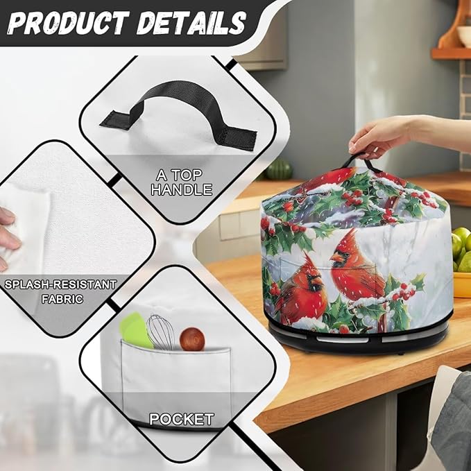 Cardinal Holly Snow Print Slow Cooker Cover with Storage Pocket Stain Resistant Winter Slow Cooker Cover for Kitchen Extra Accessories Fit 6/7/8 Quart Electric Oval Crock Pot Christmas Decor