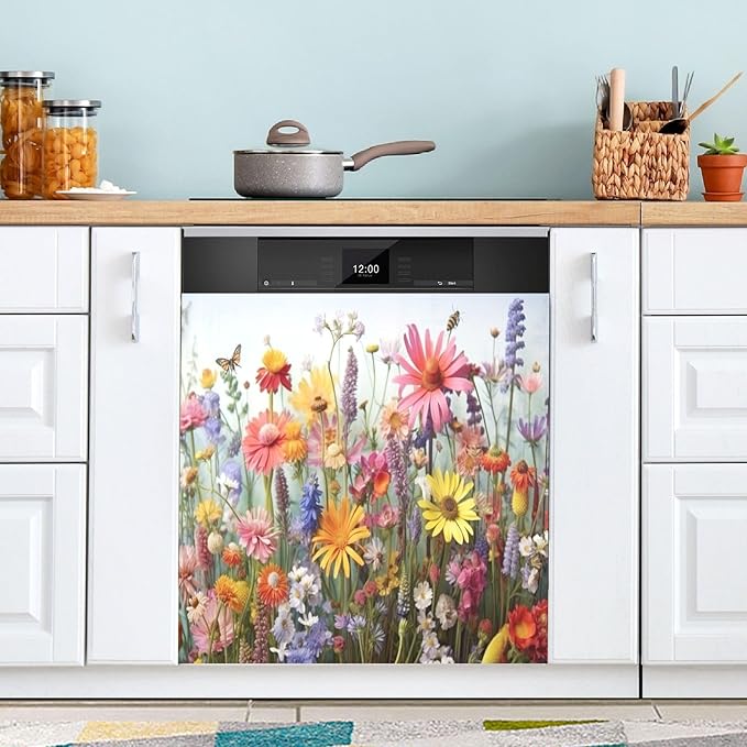 Dishwasher Magnet Cover, Wildflowers Magnet Sticker Fridge Panel Decal for Home Kitchen Decor, 23x26 in
